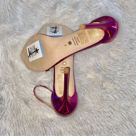 STUART WEITZMAN Sandal Nudist NEW Iridescent Patent Leather 4.5” Stiletto Pink 9 - Picture 12 of 16